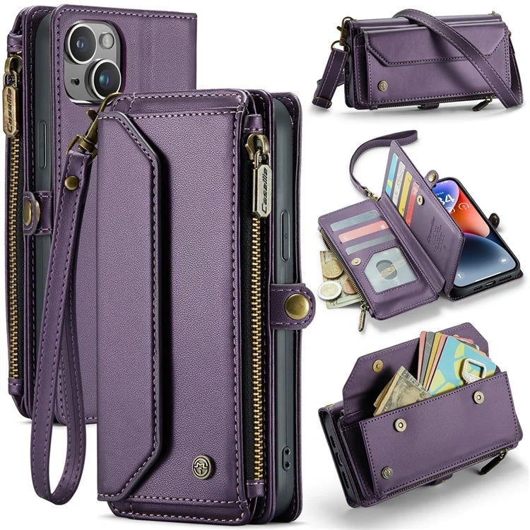 CASEME C36 Series For iPhone 14 Plus Crossbody Case Zipper Wallet Leather Phone Cover