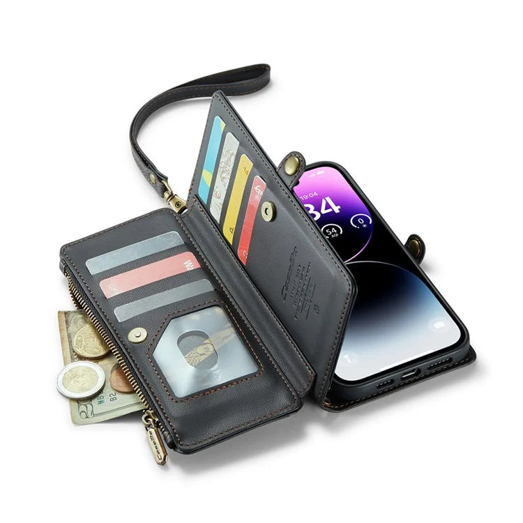 CASEME C36 Series For iPhone 14 Pro Max Case Handbag Zipper Pocket Flip Stand Leather Phone Cover