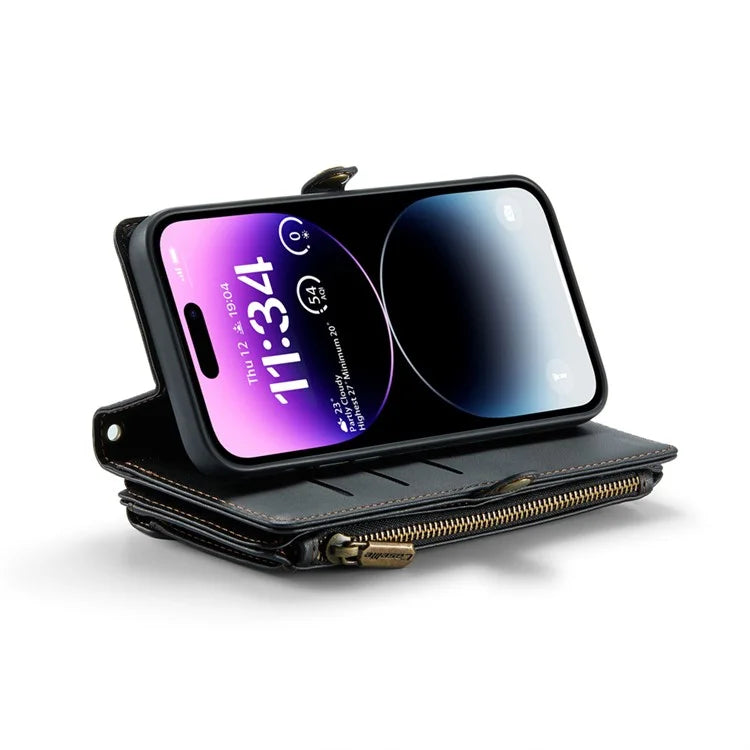 CASEME C36 Series For iPhone 14 Pro Max Case Handbag Zipper Pocket Flip Stand Leather Phone Cover
