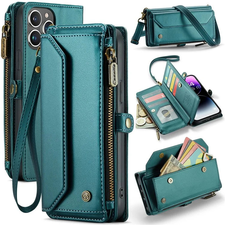 CASEME C36 Series For iPhone 14 Pro Max Case Handbag Zipper Pocket Flip Stand Leather Phone Cover
