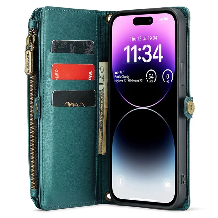 CASEME C36 Series For iPhone 14 Pro Max Case Handbag Zipper Pocket Flip Stand Leather Phone Cover