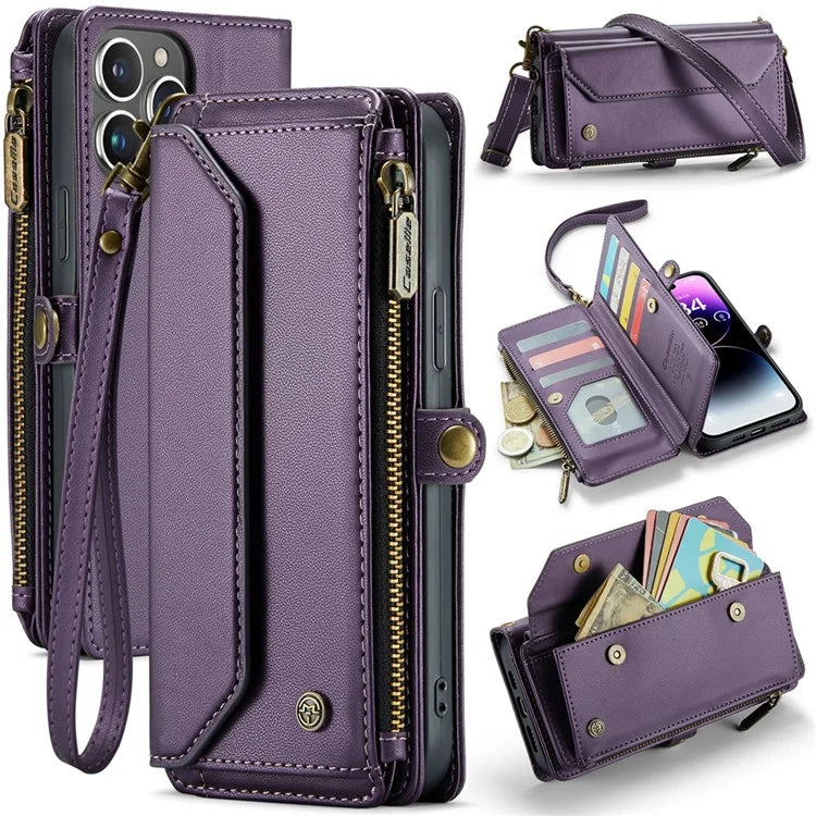 CASEME C36 Series For iPhone 14 Pro Max Case Handbag Zipper Pocket Flip Stand Leather Phone Cover