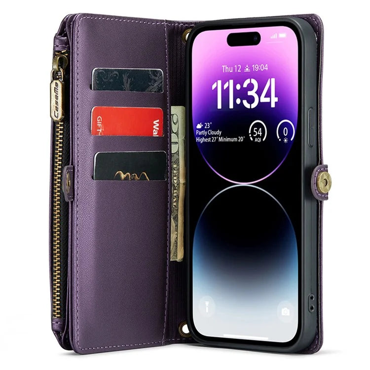 CASEME C36 Series For iPhone 14 Pro Max Case Handbag Zipper Pocket Flip Stand Leather Phone Cover