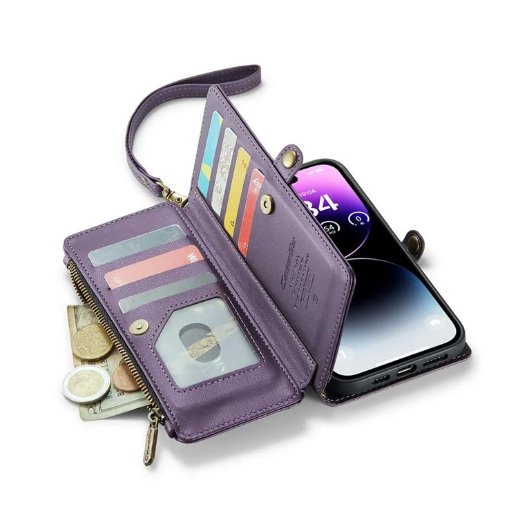 CASEME C36 Series For iPhone 14 Pro Max Case Handbag Zipper Pocket Flip Stand Leather Phone Cover