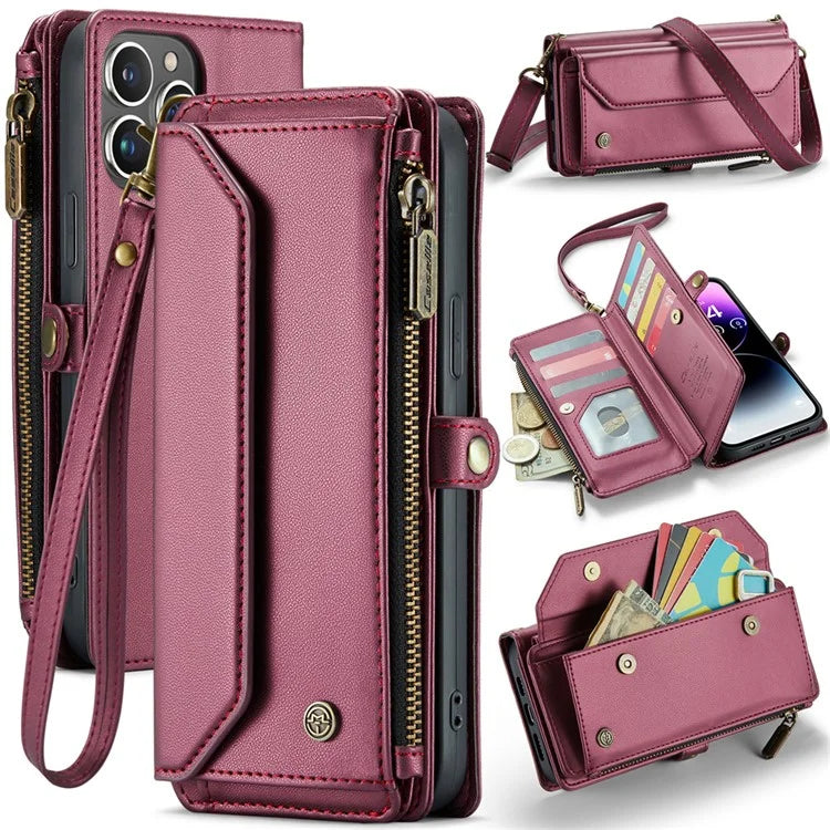 CASEME C36 Series For iPhone 14 Pro Max Case Handbag Zipper Pocket Flip Stand Leather Phone Cover