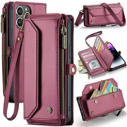 CASEME C36 Series For iPhone 14 Pro Max Case Handbag Zipper Pocket Flip Stand Leather Phone Cover