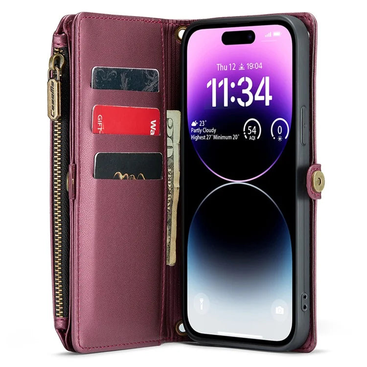 CASEME C36 Series For iPhone 14 Pro Max Case Handbag Zipper Pocket Flip Stand Leather Phone Cover