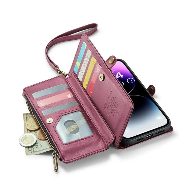 CASEME C36 Series For iPhone 14 Pro Max Case Handbag Zipper Pocket Flip Stand Leather Phone Cover