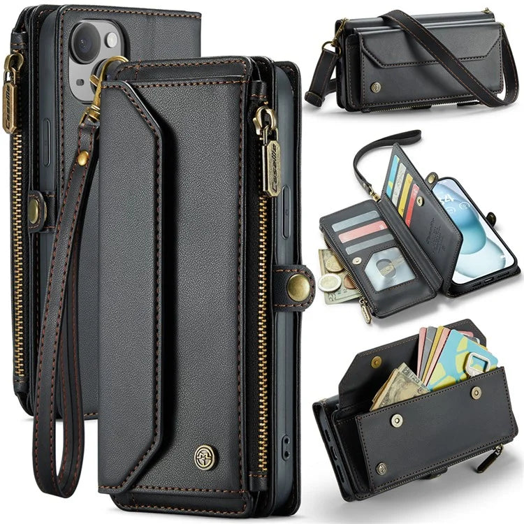 CASEME C36 Series For iPhone 15 Plus Case Leather Magnetic Handbag Zipper Pocket Phone Cover