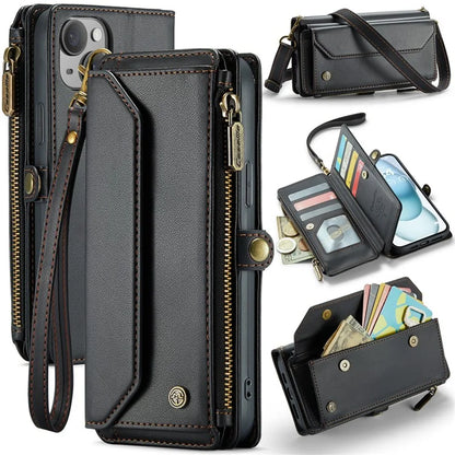 CASEME C36 Series For iPhone 15 Plus Case Leather Magnetic Handbag Zipper Pocket Phone Cover