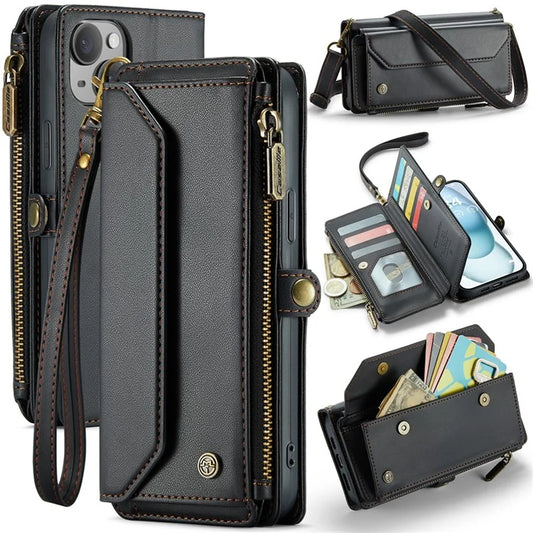 CASEME C36 Series For iPhone 15 Plus Case Leather Magnetic Handbag Zipper Pocket Phone Cover