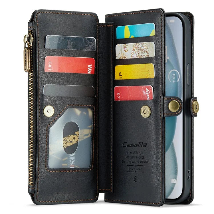 CASEME C36 Series For iPhone 15 Plus Case Leather Magnetic Handbag Zipper Pocket Phone Cover