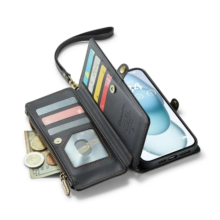 CASEME C36 Series For iPhone 15 Plus Case Leather Magnetic Handbag Zipper Pocket Phone Cover