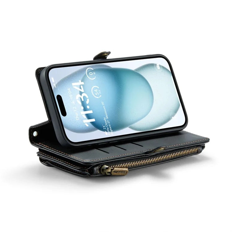 CASEME C36 Series For iPhone 15 Plus Case Leather Magnetic Handbag Zipper Pocket Phone Cover