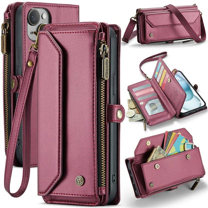 CASEME C36 Series For iPhone 15 Plus Case Leather Magnetic Handbag Zipper Pocket Phone Cover
