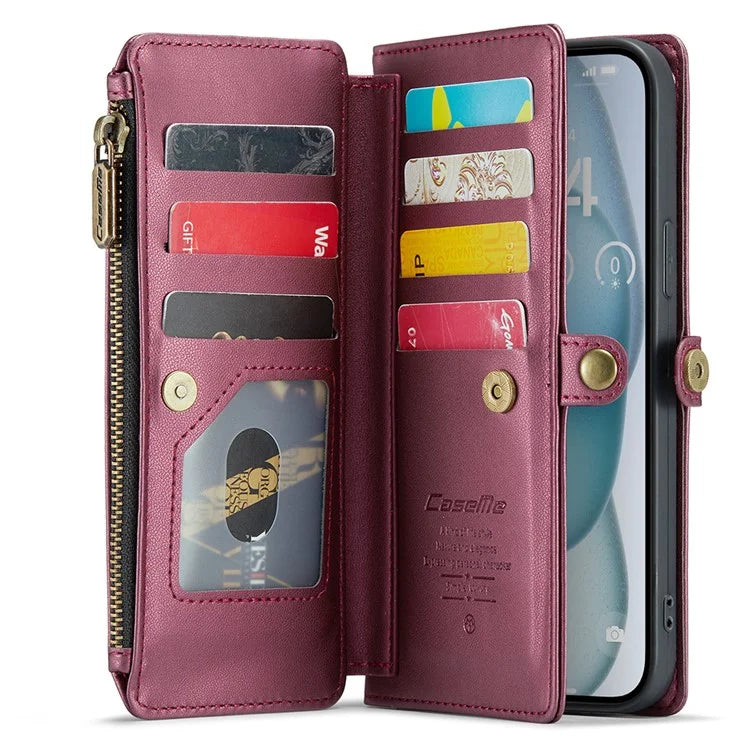 CASEME C36 Series For iPhone 15 Plus Case Leather Magnetic Handbag Zipper Pocket Phone Cover