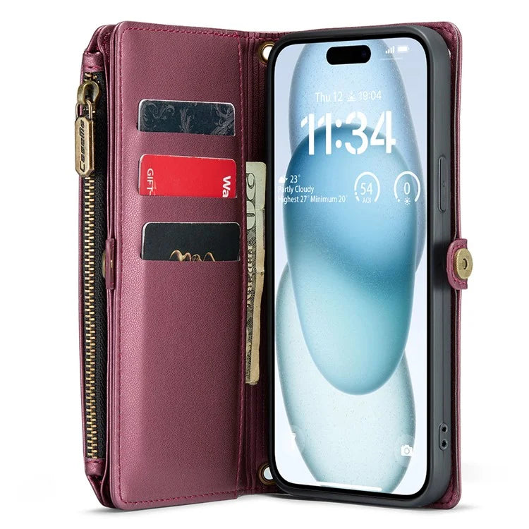 CASEME C36 Series For iPhone 15 Plus Case Leather Magnetic Handbag Zipper Pocket Phone Cover