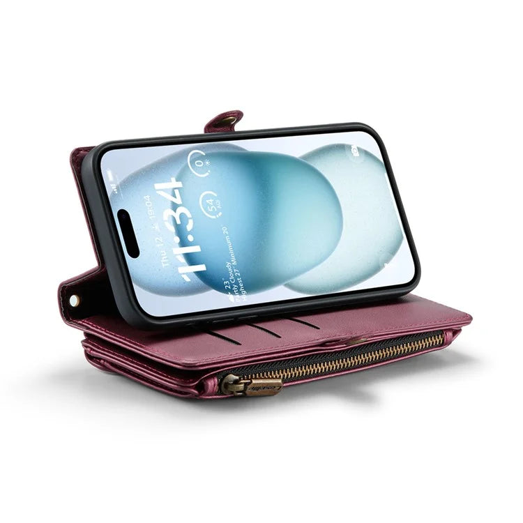 CASEME C36 Series For iPhone 15 Plus Case Leather Magnetic Handbag Zipper Pocket Phone Cover