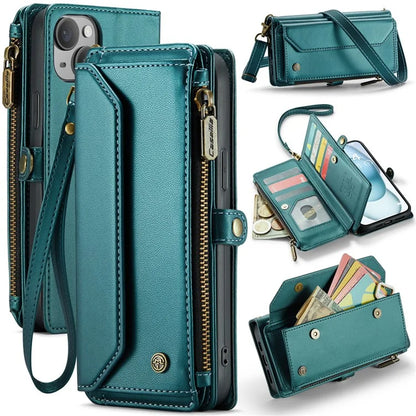 CASEME C36 Series For iPhone 15 Plus Case Leather Magnetic Handbag Zipper Pocket Phone Cover
