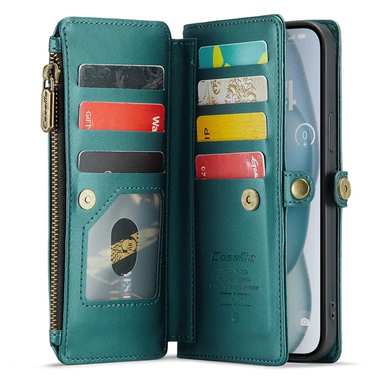 CASEME C36 Series For iPhone 15 Plus Case Leather Magnetic Handbag Zipper Pocket Phone Cover