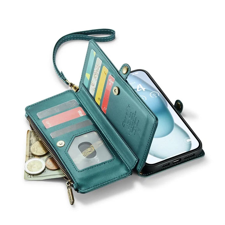 CASEME C36 Series For iPhone 15 Plus Case Leather Magnetic Handbag Zipper Pocket Phone Cover