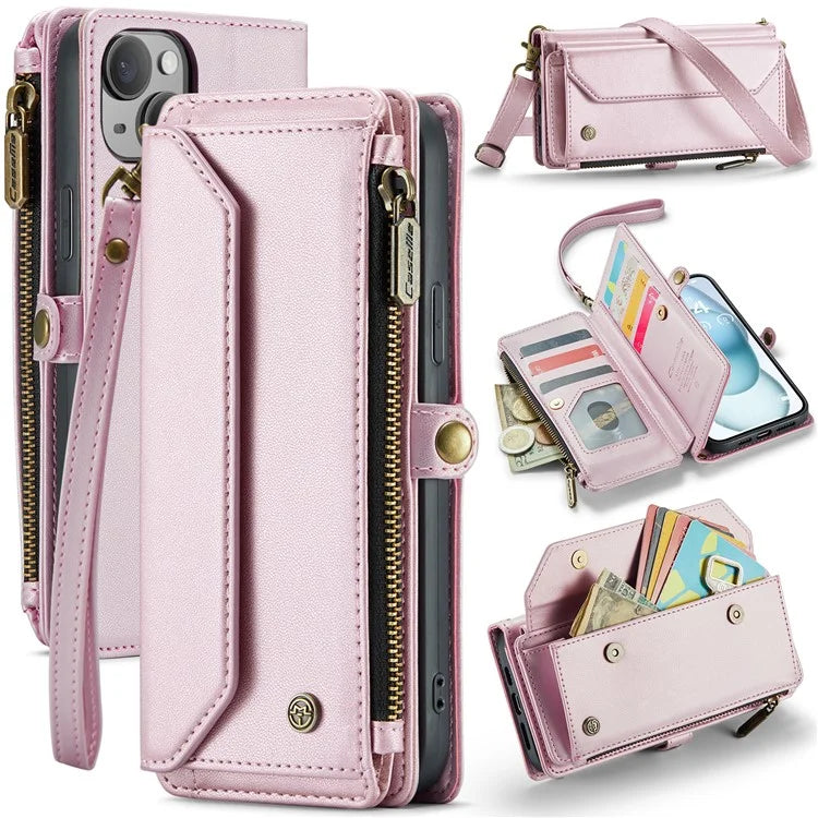 CASEME C36 Series For iPhone 15 Plus Case Leather Magnetic Handbag Zipper Pocket Phone Cover