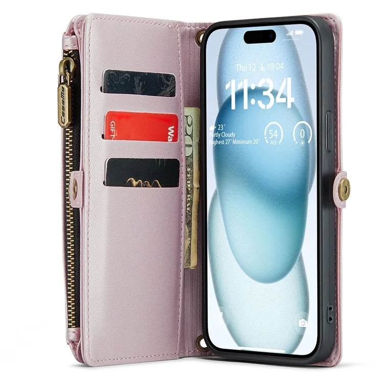 CASEME C36 Series For iPhone 15 Plus Case Leather Magnetic Handbag Zipper Pocket Phone Cover