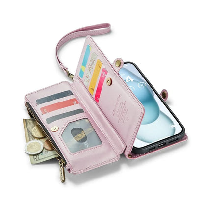 CASEME C36 Series For iPhone 15 Plus Case Leather Magnetic Handbag Zipper Pocket Phone Cover