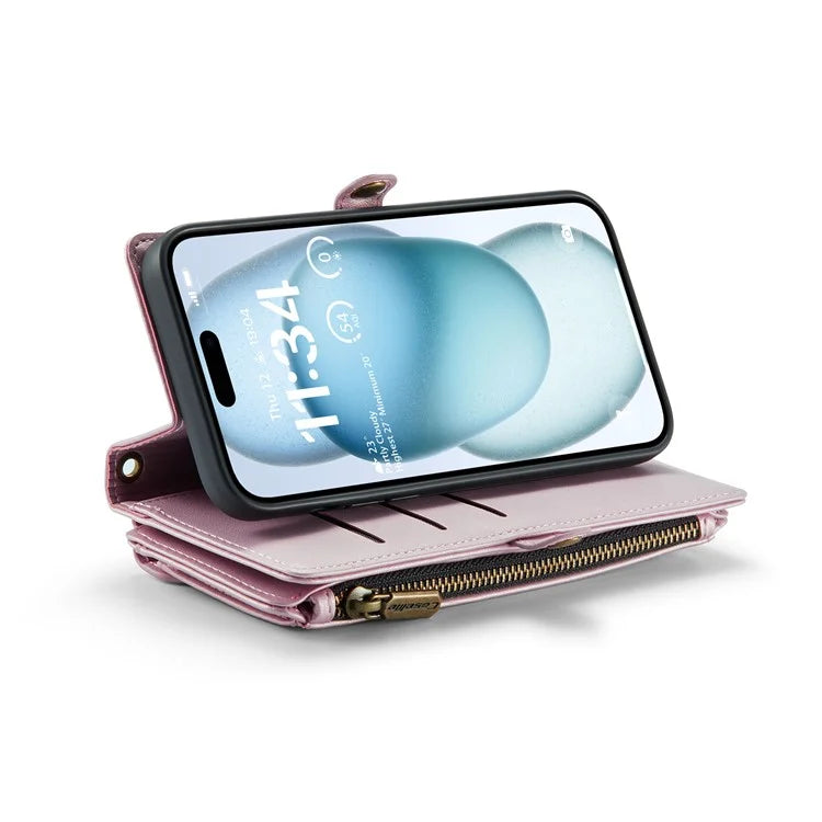 CASEME C36 Series For iPhone 15 Plus Case Leather Magnetic Handbag Zipper Pocket Phone Cover