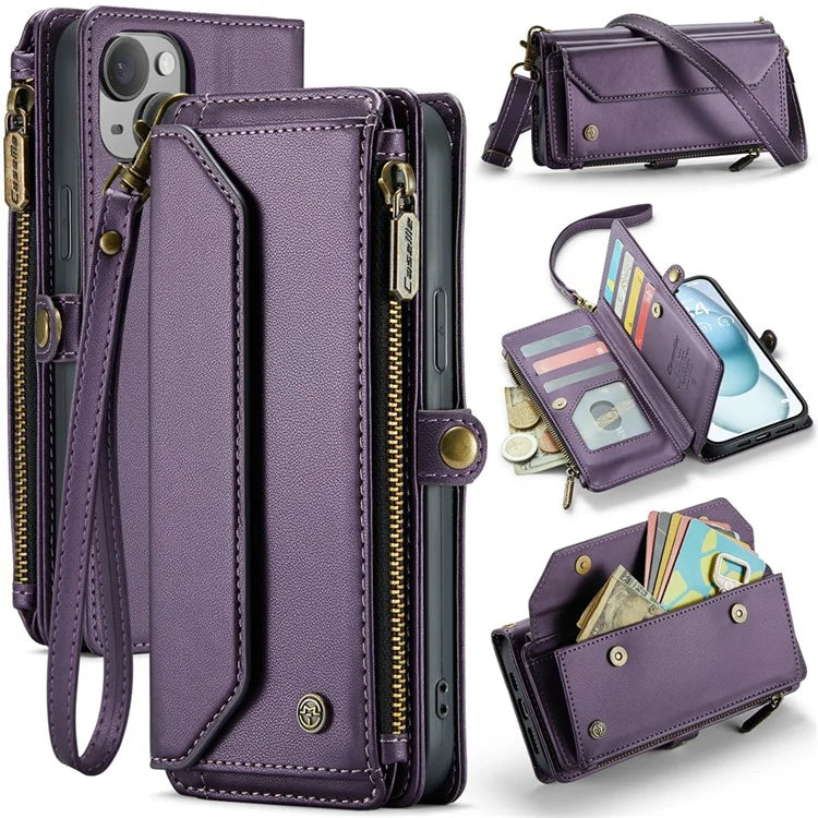 CASEME C36 Series For iPhone 15 Plus Case Leather Magnetic Handbag Zipper Pocket Phone Cover