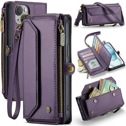 CASEME C36 Series For iPhone 15 Plus Case Leather Magnetic Handbag Zipper Pocket Phone Cover