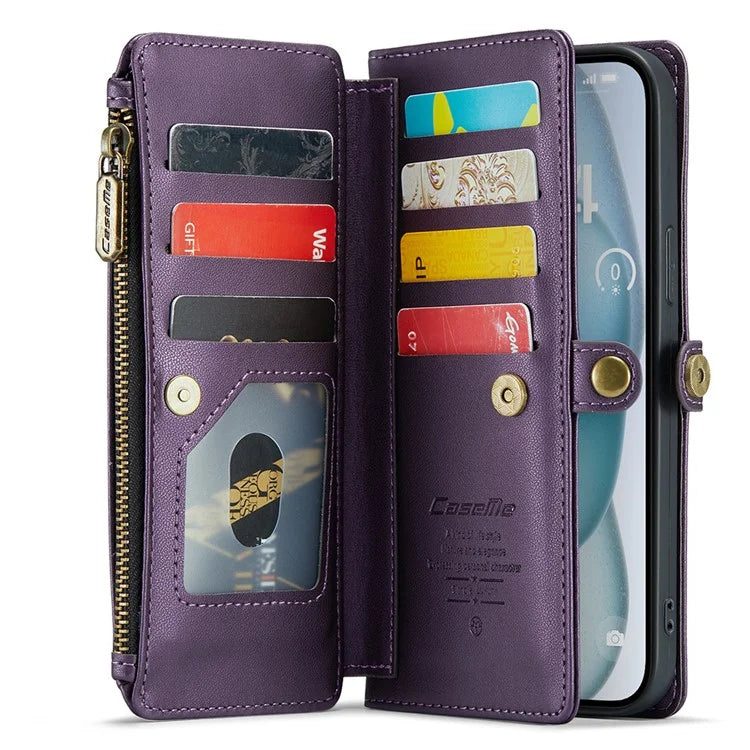 CASEME C36 Series For iPhone 15 Plus Case Leather Magnetic Handbag Zipper Pocket Phone Cover
