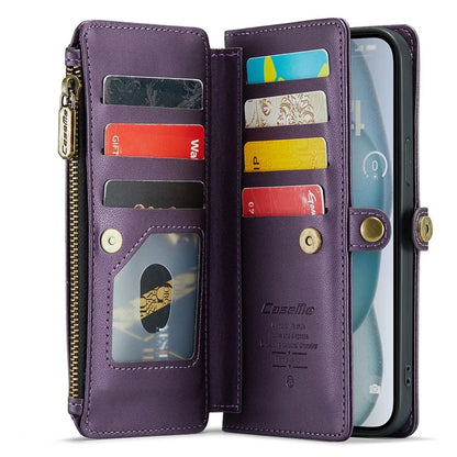 CASEME C36 Series For iPhone 15 Plus Case Leather Magnetic Handbag Zipper Pocket Phone Cover