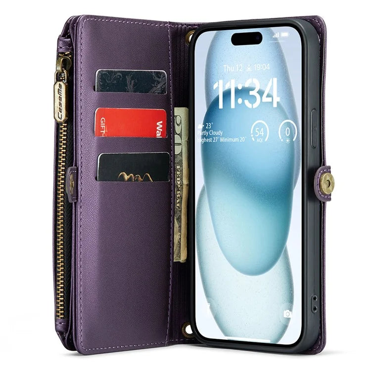 CASEME C36 Series For iPhone 15 Plus Case Leather Magnetic Handbag Zipper Pocket Phone Cover