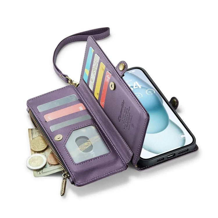 CASEME C36 Series For iPhone 15 Plus Case Leather Magnetic Handbag Zipper Pocket Phone Cover