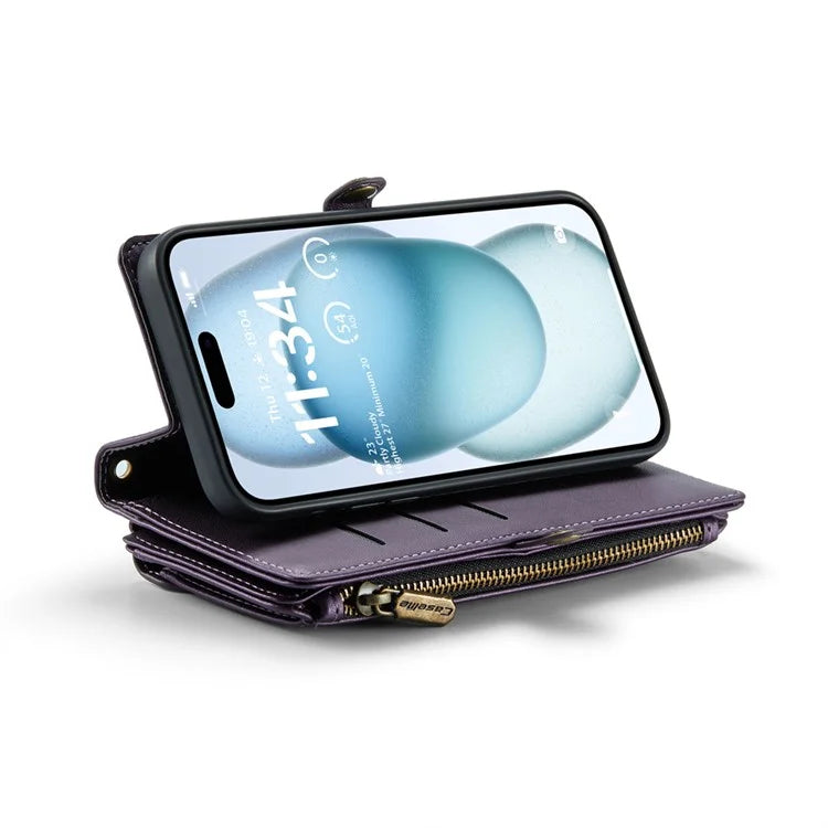 CASEME C36 Series For iPhone 15 Plus Case Leather Magnetic Handbag Zipper Pocket Phone Cover