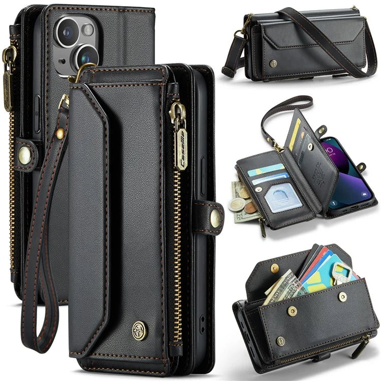 CASEME C36 Series For iPhone 13 Case RFID Blocking Zipper Leather Phone Cover with Crossbody Lanyard