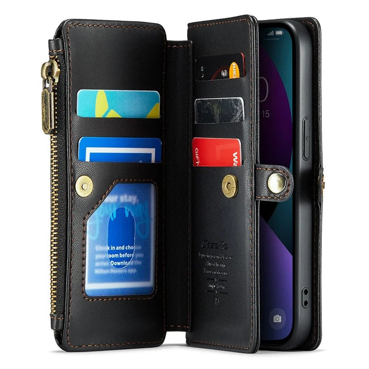 CASEME C36 Series For iPhone 13 Case RFID Blocking Zipper Leather Phone Cover with Crossbody Lanyard