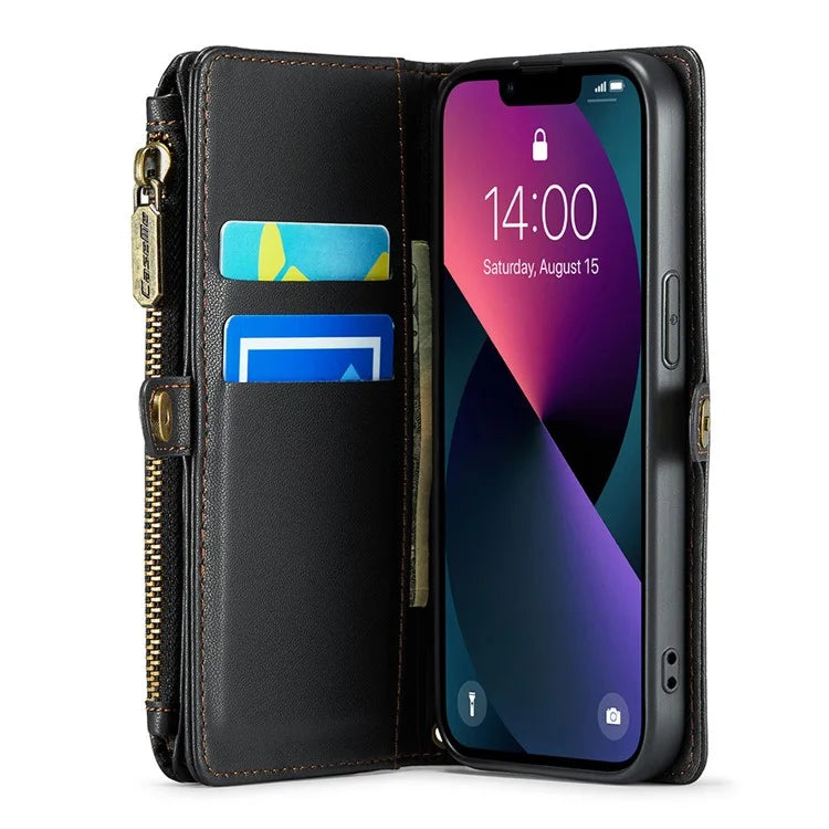 CASEME C36 Series For iPhone 13 Case RFID Blocking Zipper Leather Phone Cover with Crossbody Lanyard