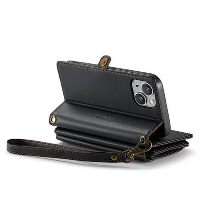 CASEME C36 Series For iPhone 13 Case RFID Blocking Zipper Leather Phone Cover with Crossbody Lanyard