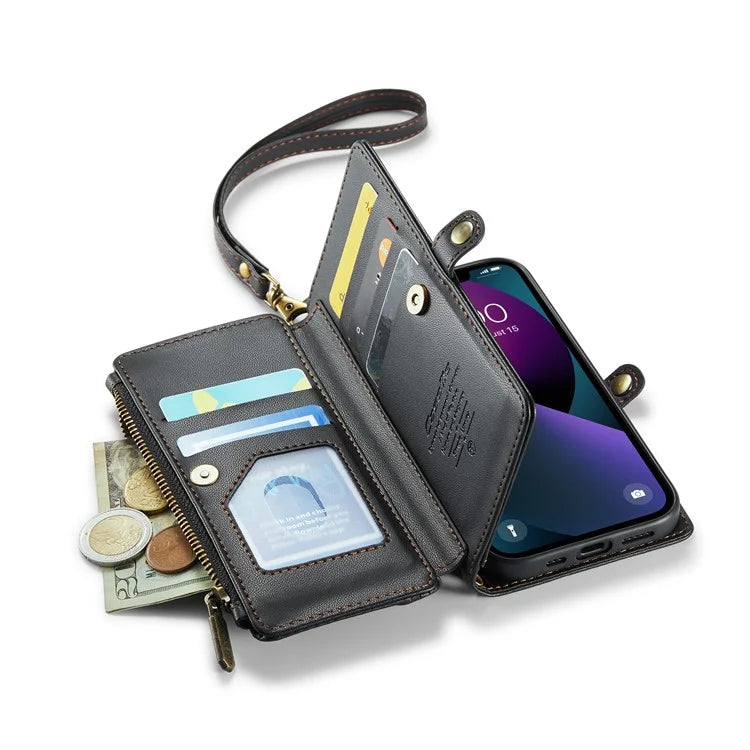 CASEME C36 Series For iPhone 13 Case RFID Blocking Zipper Leather Phone Cover with Crossbody Lanyard
