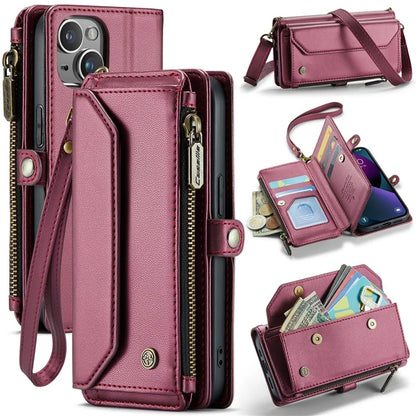 CASEME C36 Series For iPhone 13 Case RFID Blocking Zipper Leather Phone Cover with Crossbody Lanyard