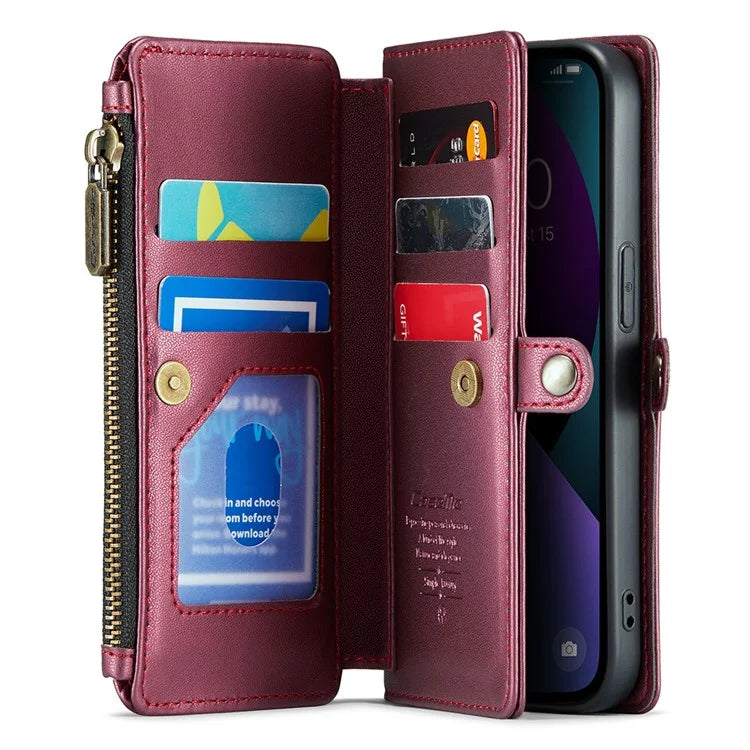 CASEME C36 Series For iPhone 13 Case RFID Blocking Zipper Leather Phone Cover with Crossbody Lanyard