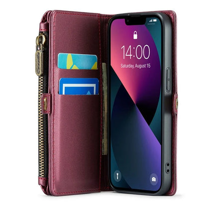 CASEME C36 Series For iPhone 13 Case RFID Blocking Zipper Leather Phone Cover with Crossbody Lanyard