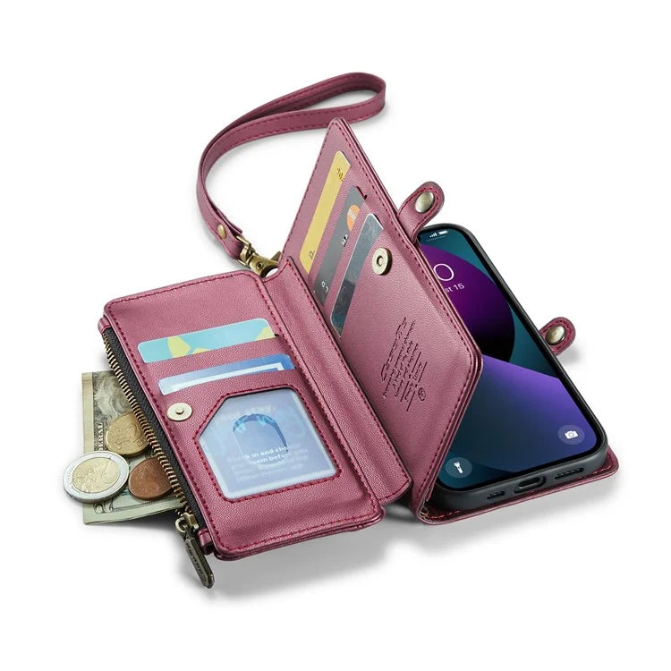 CASEME C36 Series For iPhone 13 Case RFID Blocking Zipper Leather Phone Cover with Crossbody Lanyard