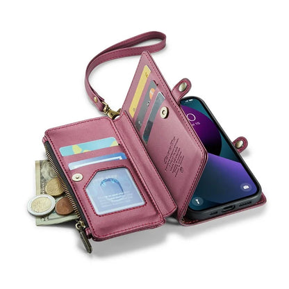 CASEME C36 Series For iPhone 13 Case RFID Blocking Zipper Leather Phone Cover with Crossbody Lanyard