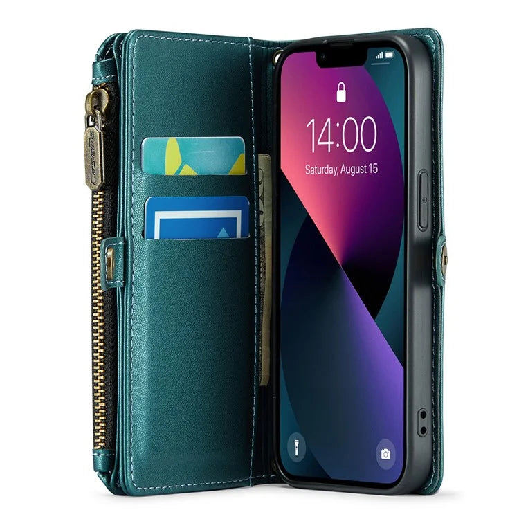 CASEME C36 Series For iPhone 13 Case RFID Blocking Zipper Leather Phone Cover with Crossbody Lanyard
