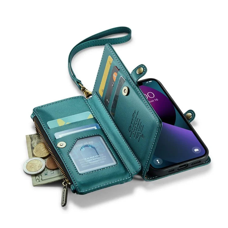 CASEME C36 Series For iPhone 13 Case RFID Blocking Zipper Leather Phone Cover with Crossbody Lanyard