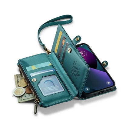 CASEME C36 Series For iPhone 13 Case RFID Blocking Zipper Leather Phone Cover with Crossbody Lanyard