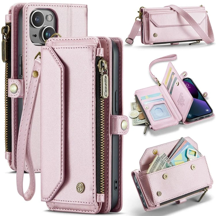 CASEME C36 Series For iPhone 13 Case RFID Blocking Zipper Leather Phone Cover with Crossbody Lanyard